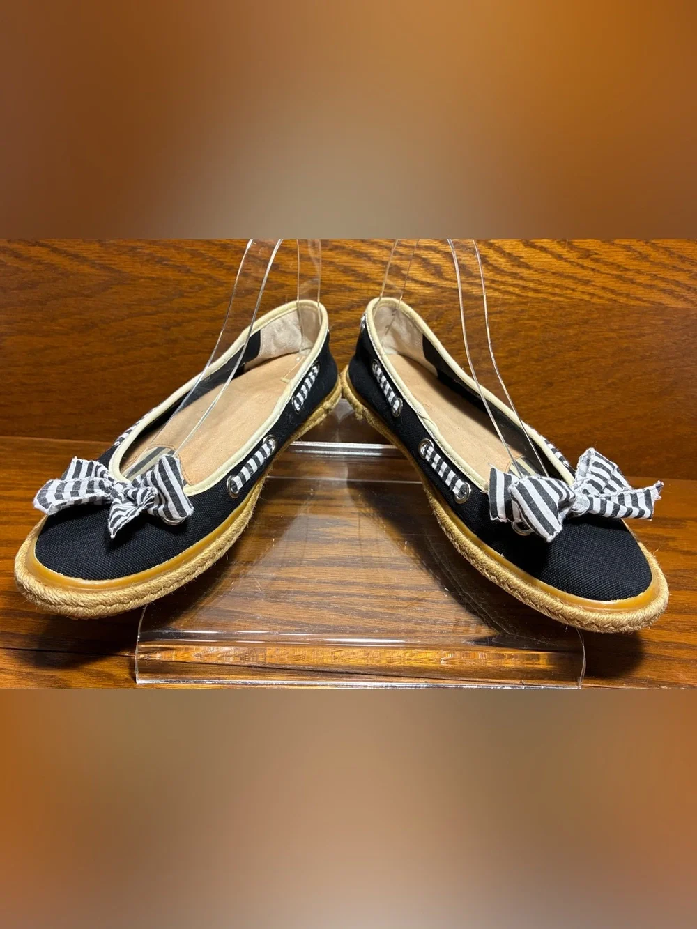 Sperry Striped Bow Canvas Espadrille Boat Flats Navy Size 8